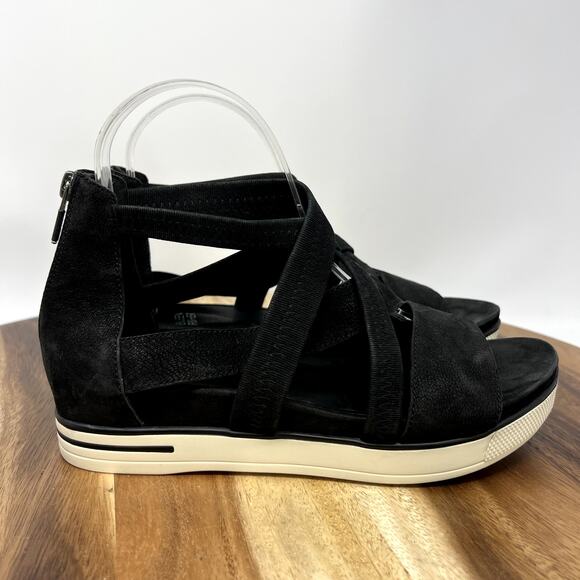 Eileen Fisher Sola Tumbled Ankle Sandals Womens 7.5 Black Nubuck Leather Strappy - Picture 1 of 7